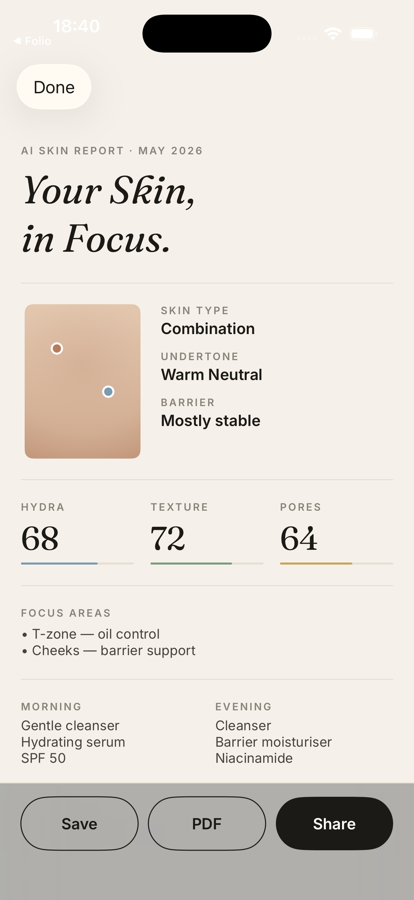 Folio report screen showing skin scores and routine